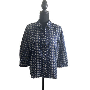 Jaclyn Smith Navy Blue Button-Up Blouse w/ White Floral Embroidered Top, Size M